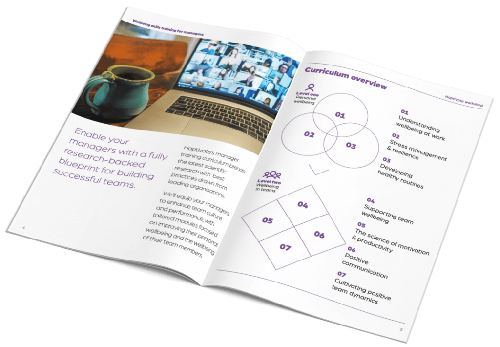 Photograph of an open Haptivate manager training brochure